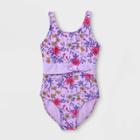 Girls' Retro Floral Print Tie-waist One Piece Swimsuit - Art Class Lavender