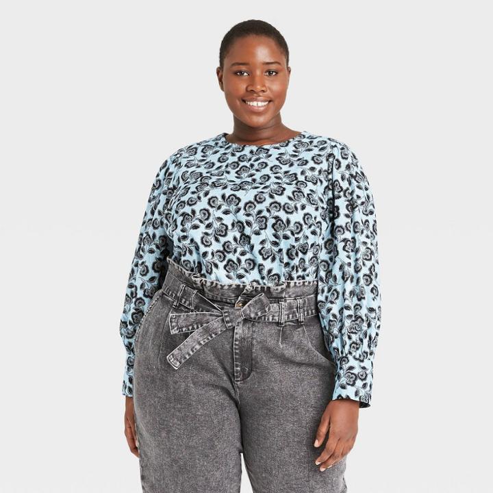 Women's Plus Size Floral Print Balloon Long Sleeve Button-back Top - Who What Wear Blue