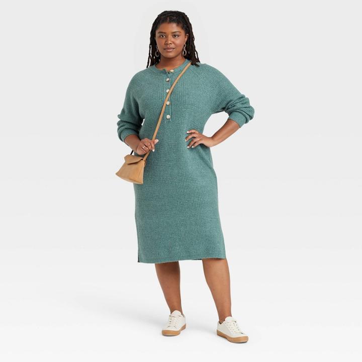 Women's Plus Size Long Sleeve Henley Neck Sweater Dress - Universal Thread Teal Blue
