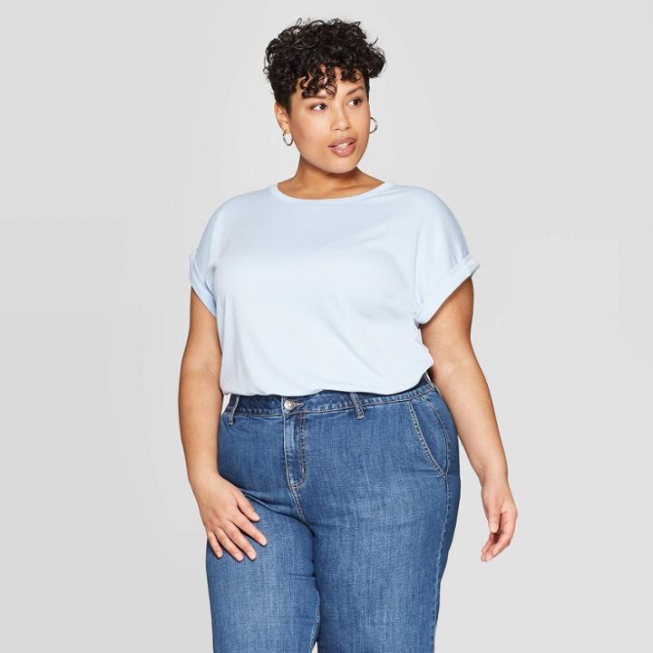 Women's Plus Size Cuffed Short Sleeve Crewneck T-shirt - Ava & Viv Light Blue 4x, Whimsical Blue