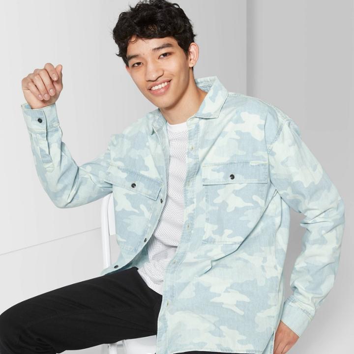 Men's Camo Print Long Sleeve Button-down Shirt - Original Use Light Indigo