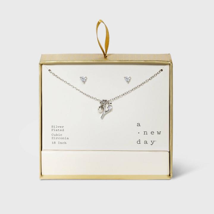 Silver Plated With Cubic Zirconia And Pearl Initial 'y' Charm Cluster Necklace And Earring Set - A New Day