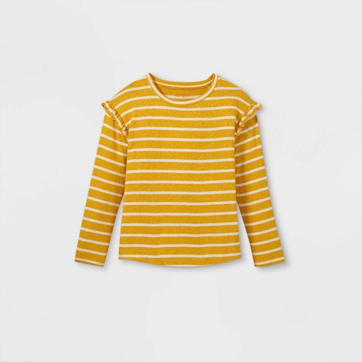 Girls' Printed Cozy Long Sleeve Pullover - Cat & Jack Mustard/cream Xs, Ivory/yellow