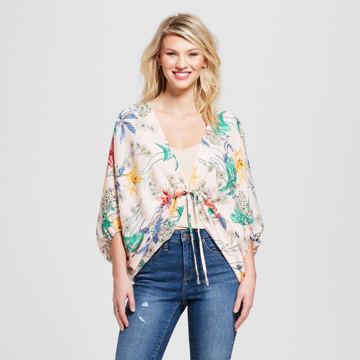 Women's Floral Print Long Sleeve Tie Front Short Kimono - Soul Cake (juniors') Ivory