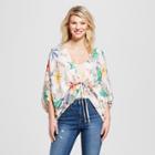 Women's Floral Print Long Sleeve Tie Front Short Kimono - Soul Cake (juniors') Ivory
