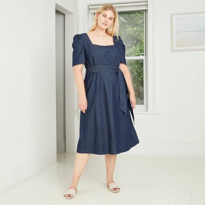 Women's Plus Size Puff Short Sleeve Belted Denim Dress - Who What Wear Blue