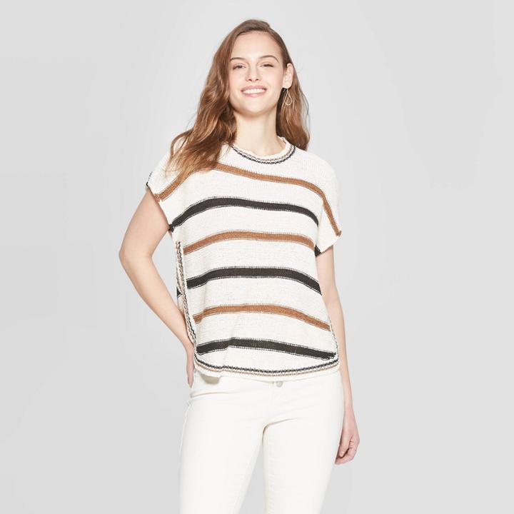 Target Women's Striped Short Sleeve Crewneck Sweater T-shirt - Universal Thread Brown