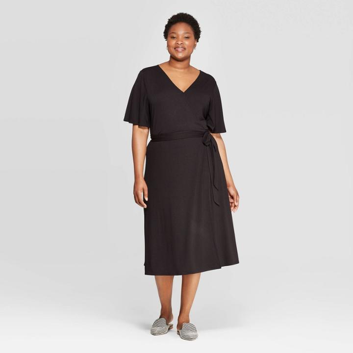 Women's Plus Size Short Sleeve V-neck Knit Wrap A-line Dress - Ava & Viv Black