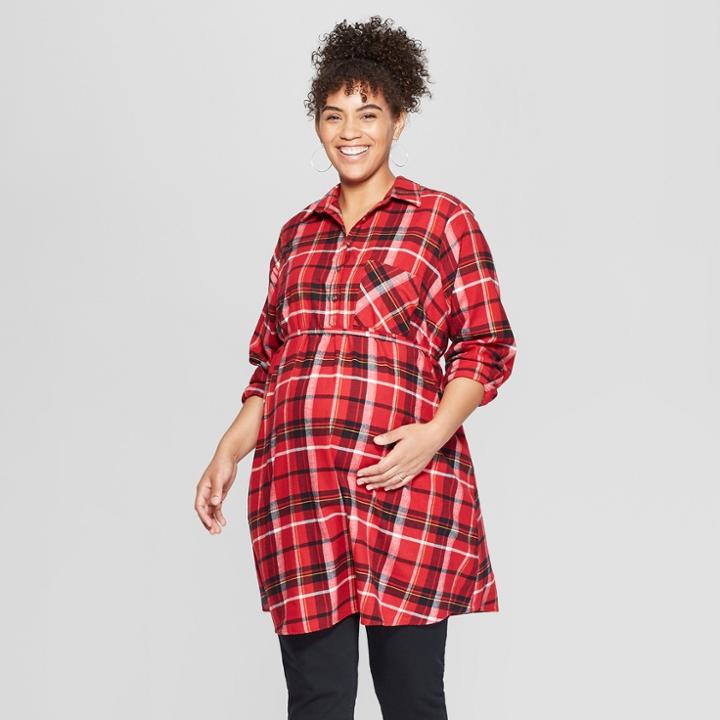 Maternity Plus Size Plaid Flannel Popover Tunic - Isabel Maternity By Ingrid & Isabel Red