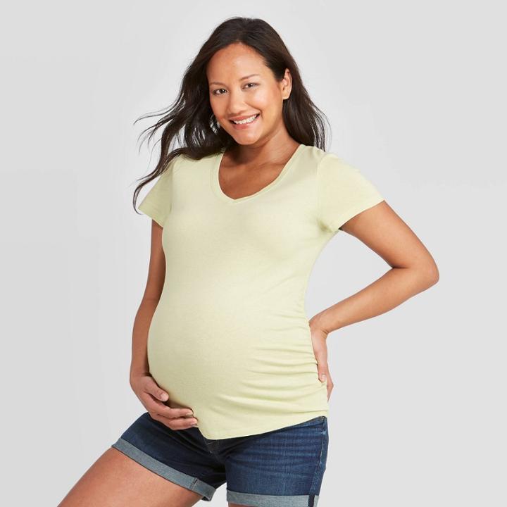 Maternity Short Sleeve V-neck Side Shirred T-shirt - Isabel Maternity By Ingrid & Isabel Green
