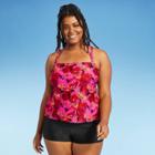 Women's Plus Size Square Neck Tankini Top - All In Motion Black & Pink Floral