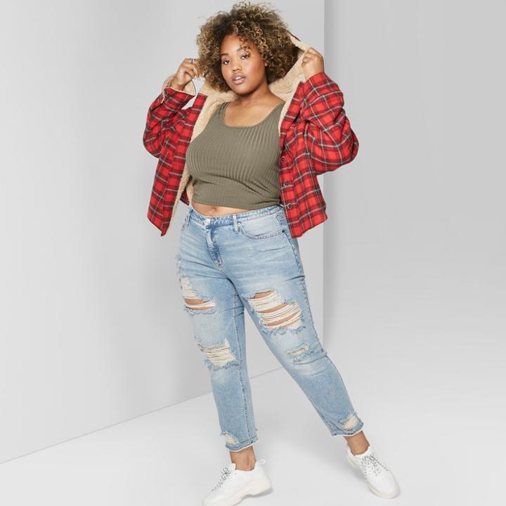 Women's Plus Size Plaid Cropped Faux Fur Flannel Jacket - Wild Fable Red