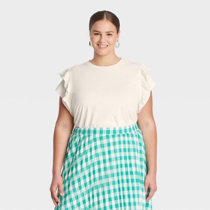 Women's Plus Size Flutter Short Sleeve Ruffle T-shirt - A New Day Cream