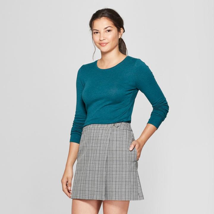 Women's Fitted Long Sleeve Crew T-shirt - A New Day Heather Green