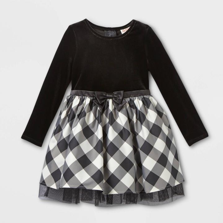 Toddler Girls' Plaid Velour Long Sleeve Dress - Cat & Jack Cream