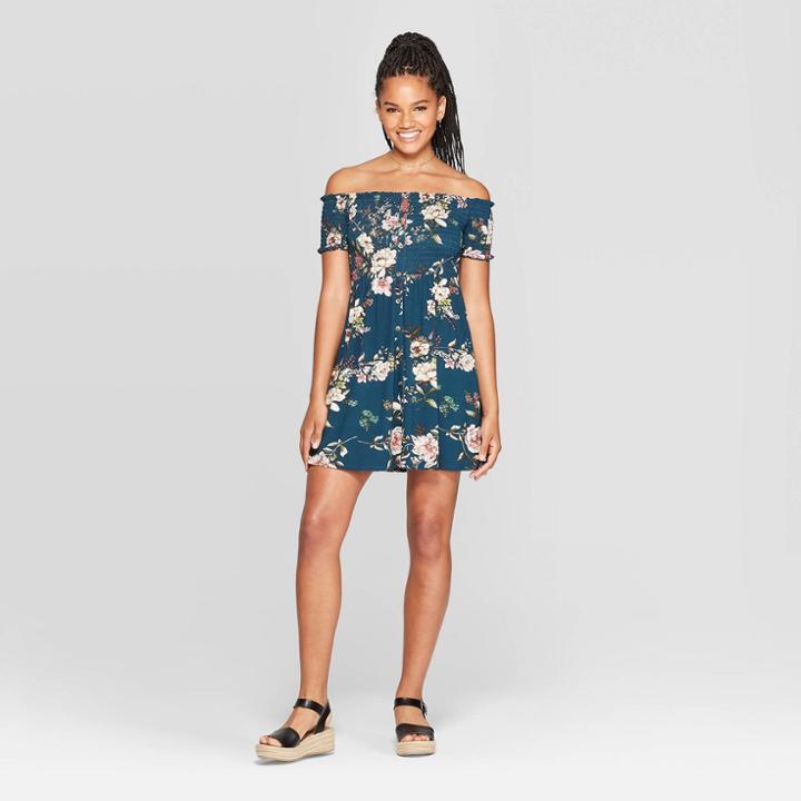 Women's Floral Print Short Sleeve Off The Shoulder Button-down Knit Dress - Xhilaration Deep Teal