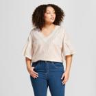 Women's Plus Size Striped Ruffle Sleeve Shine Blouse - A New Day Cream