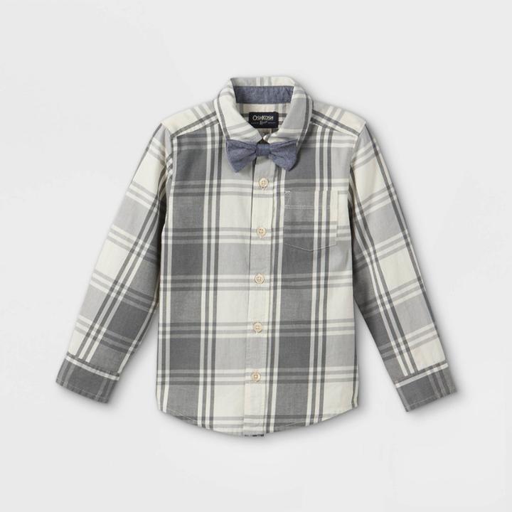 Oshkosh B'gosh Toddler Boys' Plaid Long Sleeve Button-down Shirt With Bow Tie - Gray