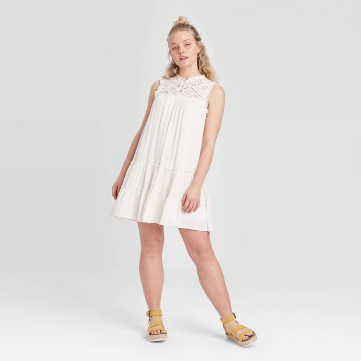 Women's Sleeveless Lace Detail Tiered Shift Dress - Xhilaration Ivory Xs, Women's, Beige