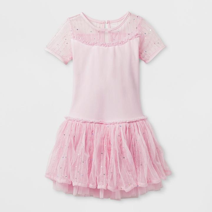 Danshuz Toddler Girls' Double Layer Skirt With Sequin Mesh Yoke Short Sleeve Activewear Dress - Pink 8-10,