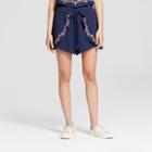Women's Floral Print Embroidered Tie Front Shorts - Xhilaration Navy