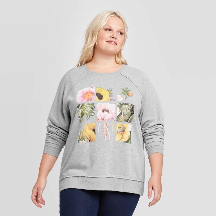 Doe. Women's Floral Print Squares Plus Size Sweatshirt - Doe (juniors') - Gray 1x, Women's,