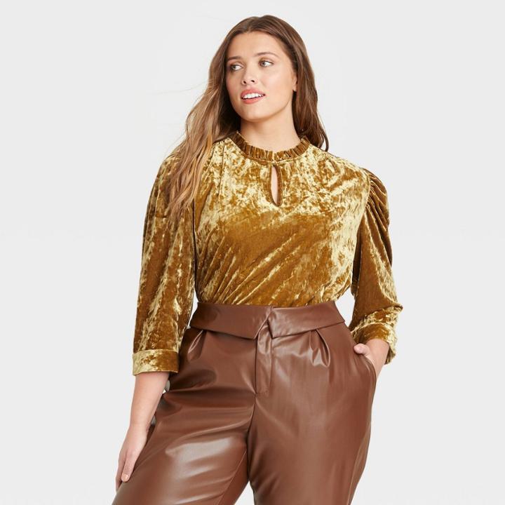 Women's Plus Size Puff Elbow Sleeve Velvet Top - Who What Wear Mustard Yellow