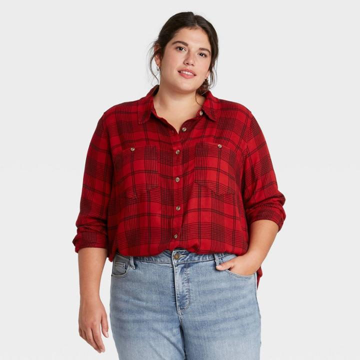 Women's Plus Size Plaid Long Sleeve Button-down Tunic Top - Ava & Viv Red X