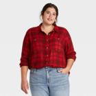 Women's Plus Size Plaid Long Sleeve Button-down Tunic Top - Ava & Viv Red X