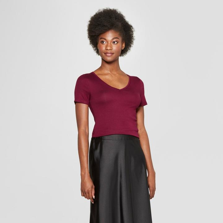 Women's Fitted Short Sleeve V-neck T-shirt - A New Day Burgundy (red)