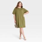 Women's Plus Size Elbow Sleeve Knit T-shirt Dress - A New Day Olive Green