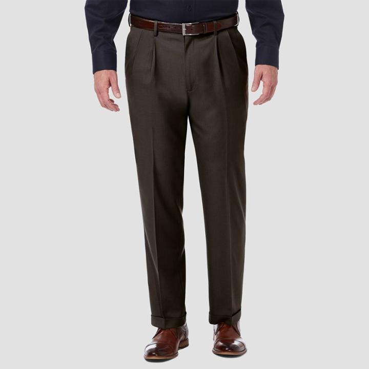 Haggar Men's Premium Comfort 4-way Stretch Classic Pleated Dress Pants - Dark Chocolate 40x32, Dark Brown