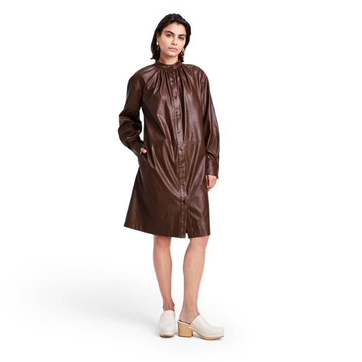 Women's Long Sleeve Faux Leather Button-down Dress - Rachel Comey X Target Dark Brown Xxs
