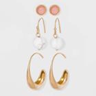 Semi-precious White Howlite And Rose Quartz With Worn Gold Earring Set 3pc - Universal Thread Gold, Gold/pink/white