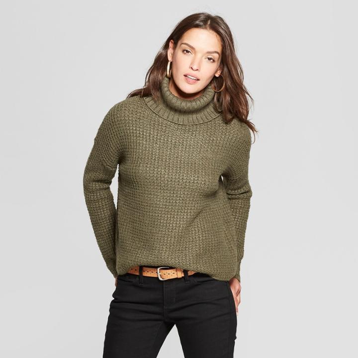Women's Waffle Stitch Turtleneck - Universal Thread Olive (green)