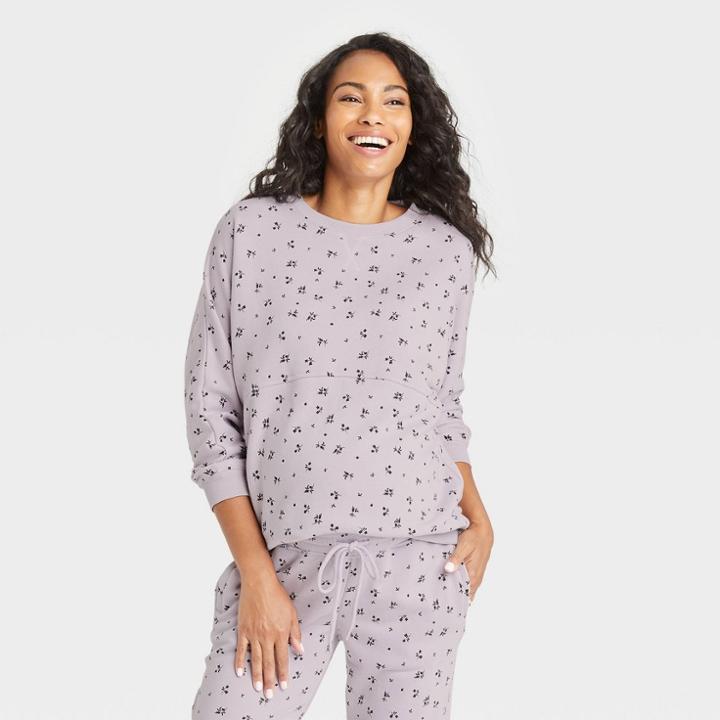 The Nines By Hatch French Terry Maternity Sweatshirt Lilac Floral Print Xs, Purple Floral Print