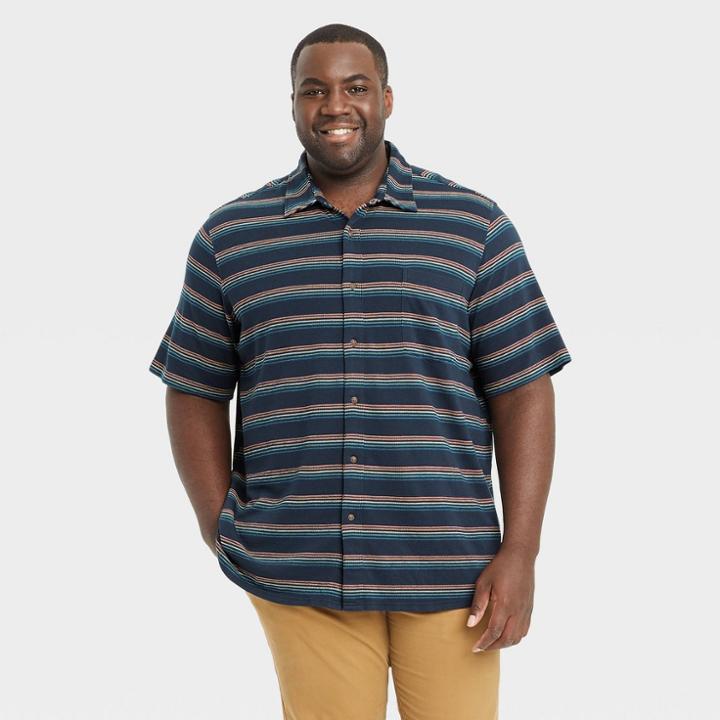 Men's Big & Tall Striped Standard Fit Short Sleeve Button-down Shirt - Goodfellow & Co Heathered Navy Blue/striped