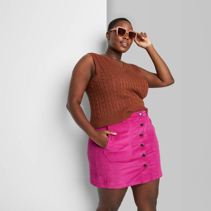 Women's Plus Size Button-front Cord Mini A-line Skirt - Wild Fable Magenta Pink