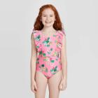 Girls' Ruffle Sleeve Floral Print One Piece Swimsuit - Cat & Jack Pink