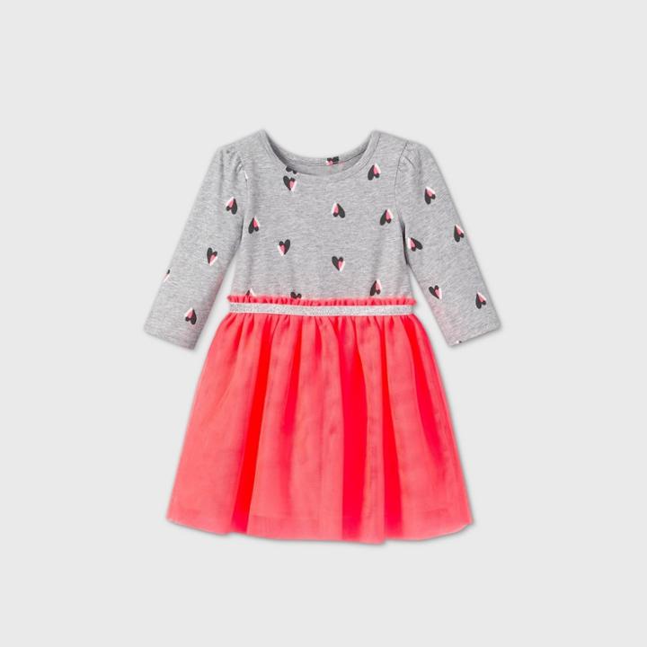Toddler Girls' Long Sleeve Heart Tulle Dress - Cat & Jack Neon Pink