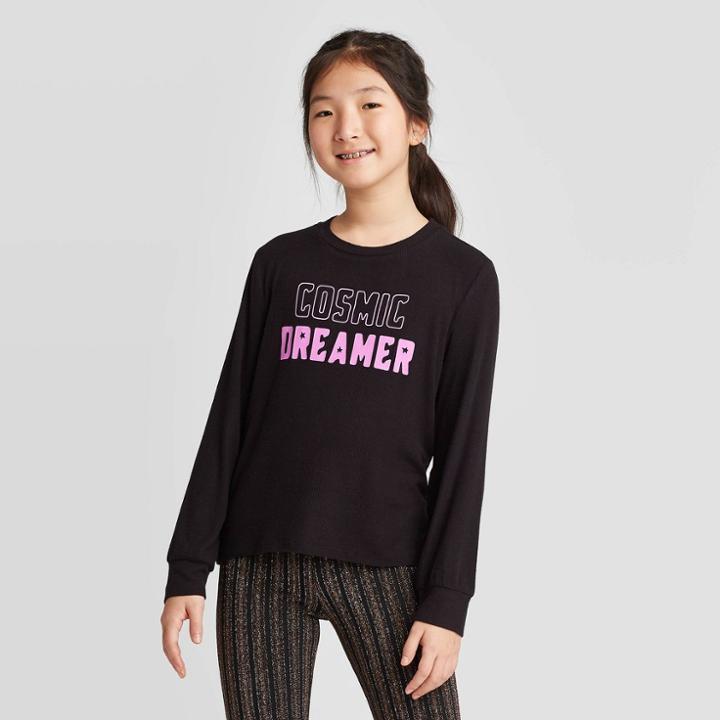 Girls' Long Sleeve Waffle Knit Glow In The Dark Top - Art Class Black
