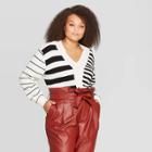 Women's Plus Size Striped Long Sleeve V-neck Pullover Sweater - Who What Wear White
