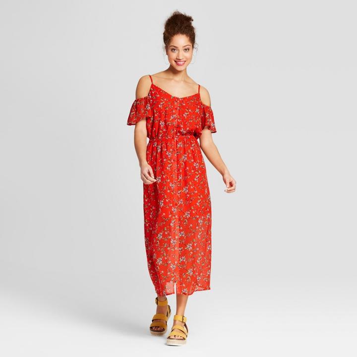 Women's Floral Print Cold Shoulder Button Front Maxi Dress - Almost Famous (juniors') Red