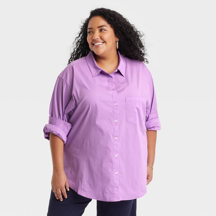 Women's Plus Size Raglan Long Sleeve Button-down Oversized Tunic - Ava & Viv Purple X
