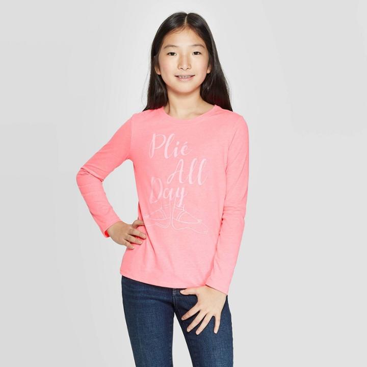 Girls' Long Sleeve Plie All Day Graphic T-shirt - Cat & Jack Neon Coral Xl, Girl's, Pink