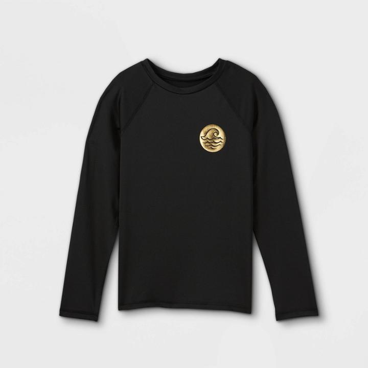 Girls' Wave Print Long Sleeve Raglan Rash Guard Swim Shirt - Art Class Black