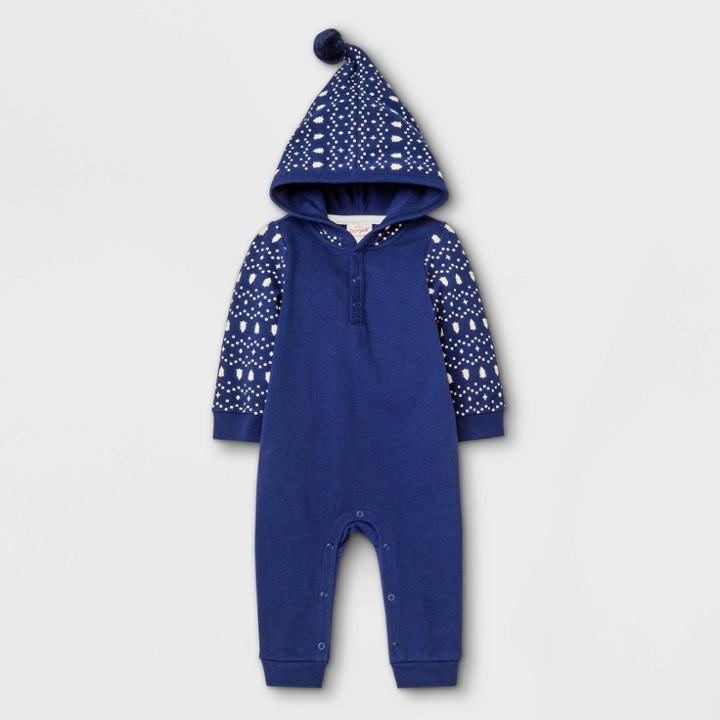 Baby Boys' Fair Isle Pom Hood Romper - Cat & Jack Navy Newborn, Blue