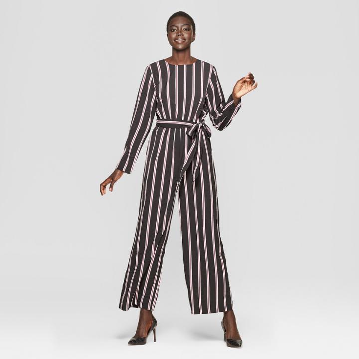 Women's Striped Long Sleeve Crew Neck Jumpsuit - Who What Wear Black/white Xxl, Black