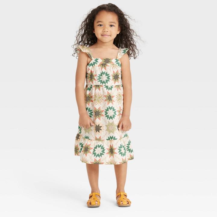 Toddler Girls' Quilt Print Ruffle Sleeve Dress - Cat & Jack Cream