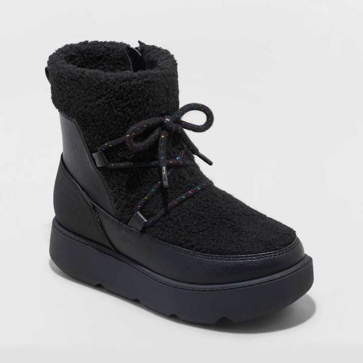 Girls' Arya Zipper Winter Shearling Style Boots - Cat & Jack Black